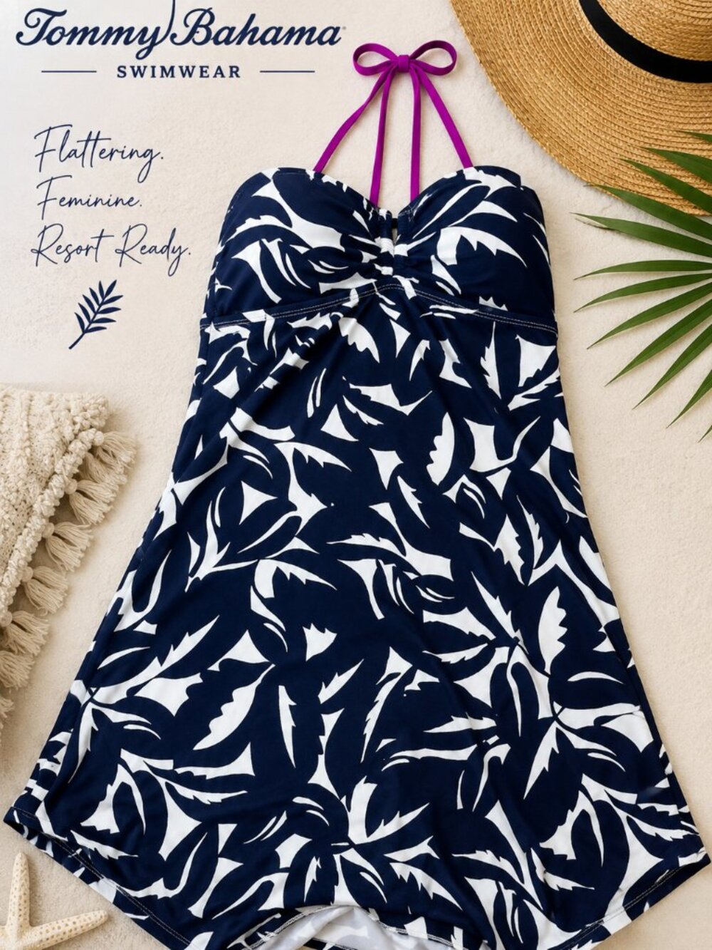 Tommy Bahama One Piece Swim Dress Navy White Floral Halter Size Small